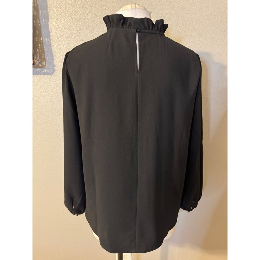 J Crew Top M Medium Black Ruffle Crew Neck Washable Long Sleeve Classic - Picture 6 of 12
